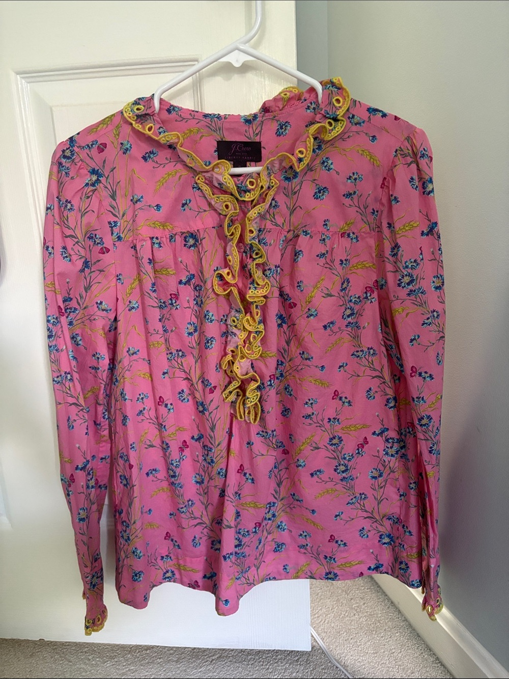 J. Crew Pink Floral Ruffle Blouse with Yellow Trim